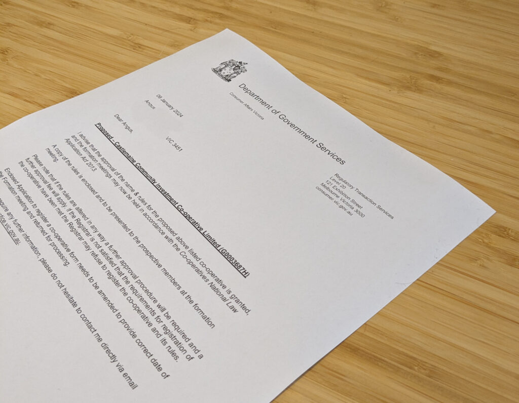 Photo of a letter from Victoria's Department of Government Services (Consumer Affairs Victoria) stating that the name and rules have been approved.